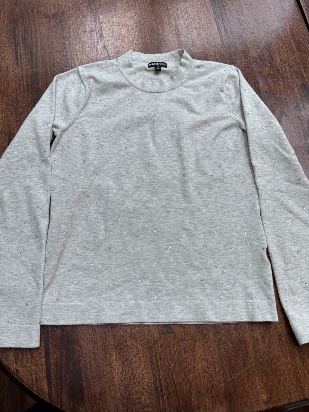 Minnie Rose Women XS Gray Rhinestone Crystal Embellished Sweater Mock Neck